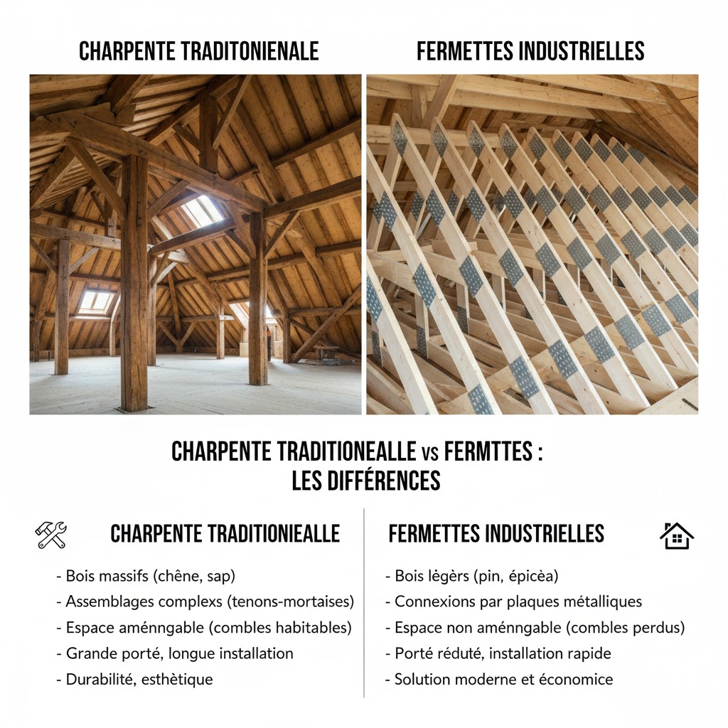 Comparaison visuelle entre une charpente traditionnelle et une charpente à fermettes