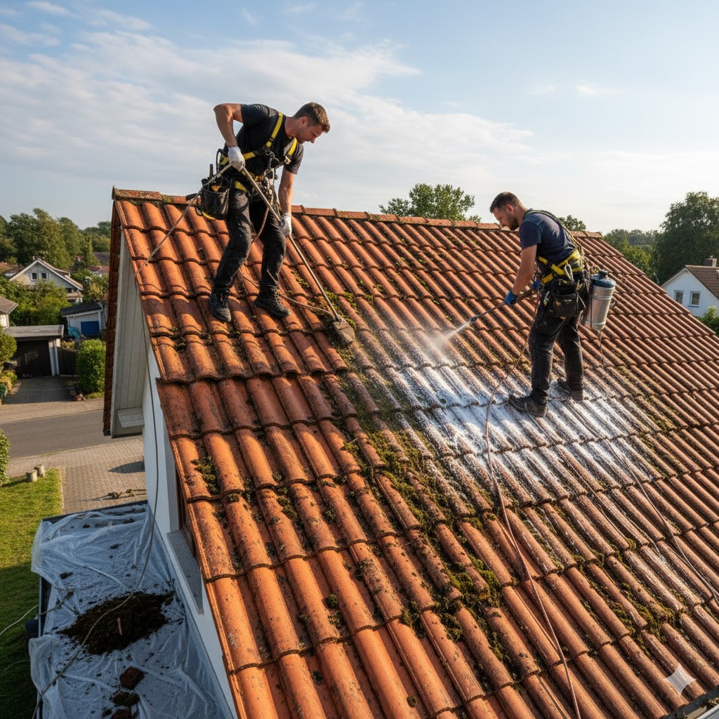 Démoussage d'une toiture en tuiles