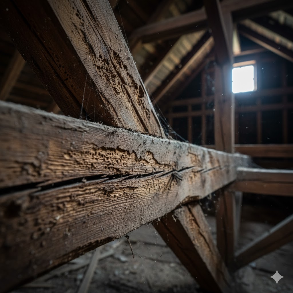 Dégâts d'insectes dans une charpente