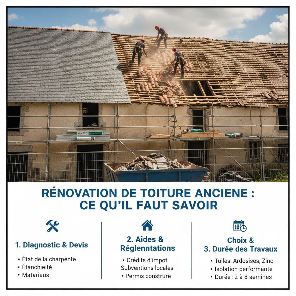 Rénovation d'une vieille toiture avec remplacement de tuiles