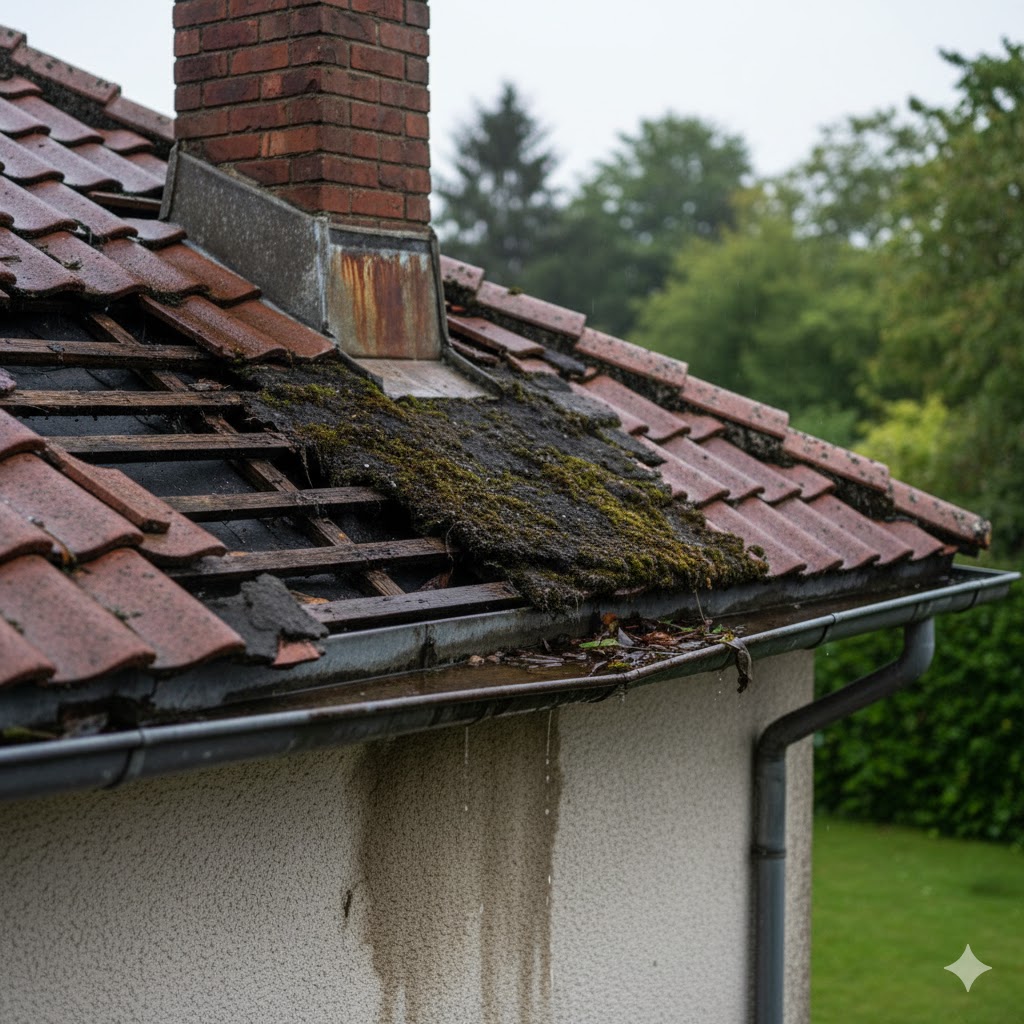 Signes de fuite sur une toiture endommagée